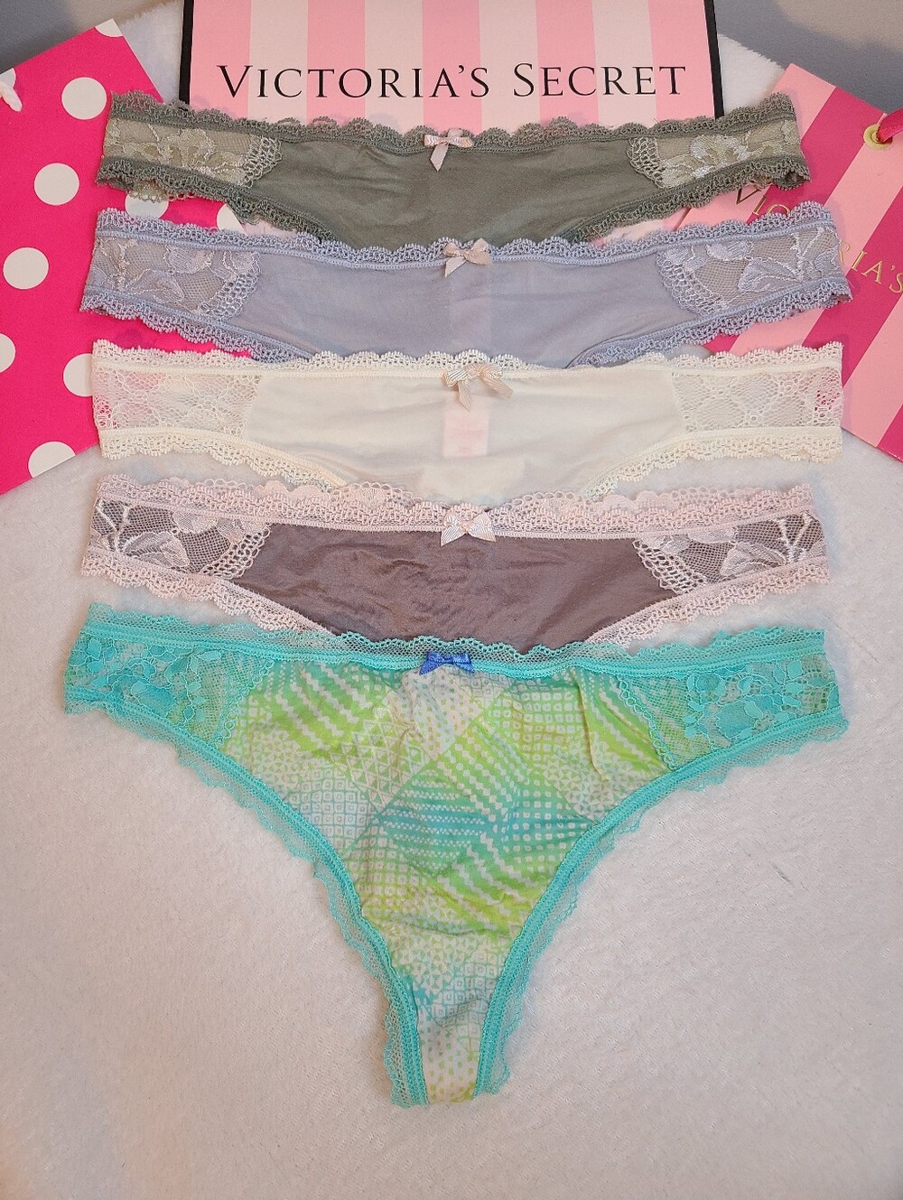 Y2K VS Dream Angels 5pk Silky Smooth Nylon Lace Classic Thong Panties S/M